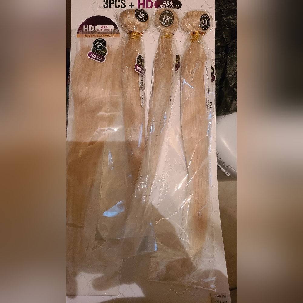 16" + 18" + 20" 4x4 closure 613 beige vanilla blonde human hair bundles